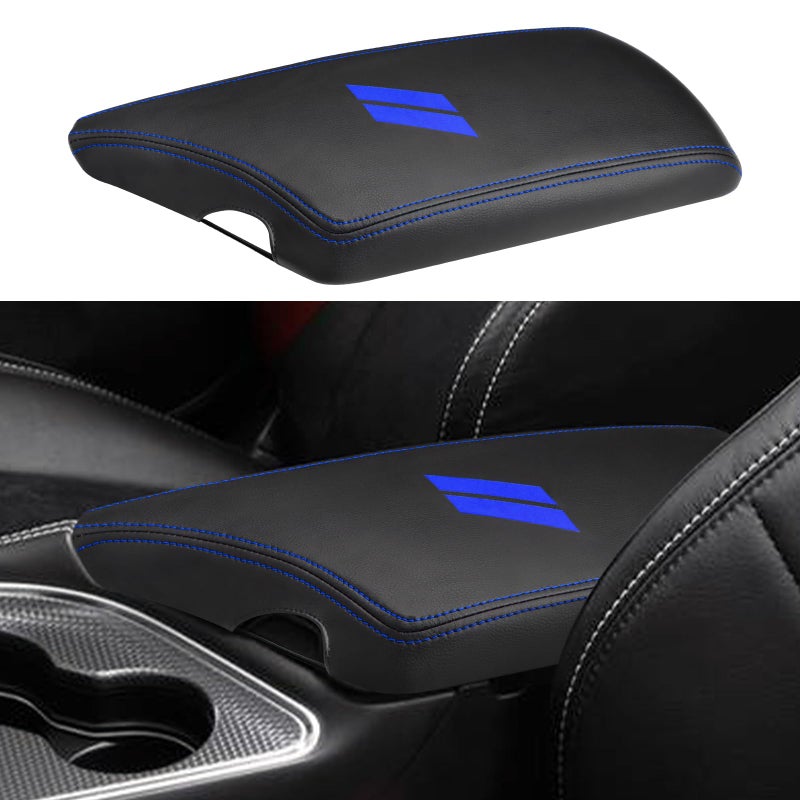 INTGET Car Center Console Cover for 2023 2022 Dodge Challenger Accessories 2021 2020 2019 2018 2017 2016 2015 Armrest Cover Interior Lid Protector (Blue Stitches  PU leather) - Image 1